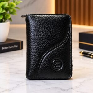 VB Luxury Black Pebble Leather Zip Wallet